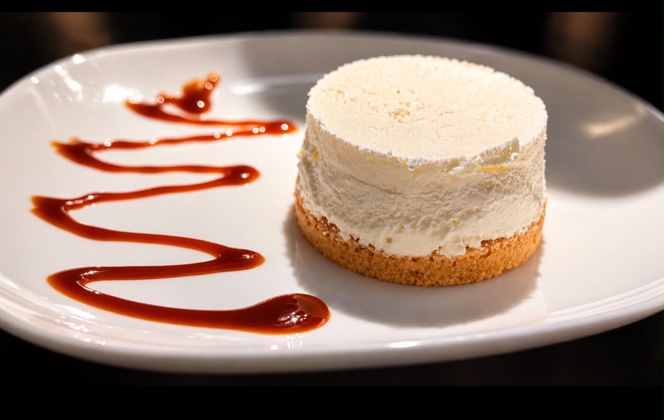 Cheesecake auf weißem Teller mit Karamell-Deko – neu im Sortiment des Eiscafé Firenze Munster